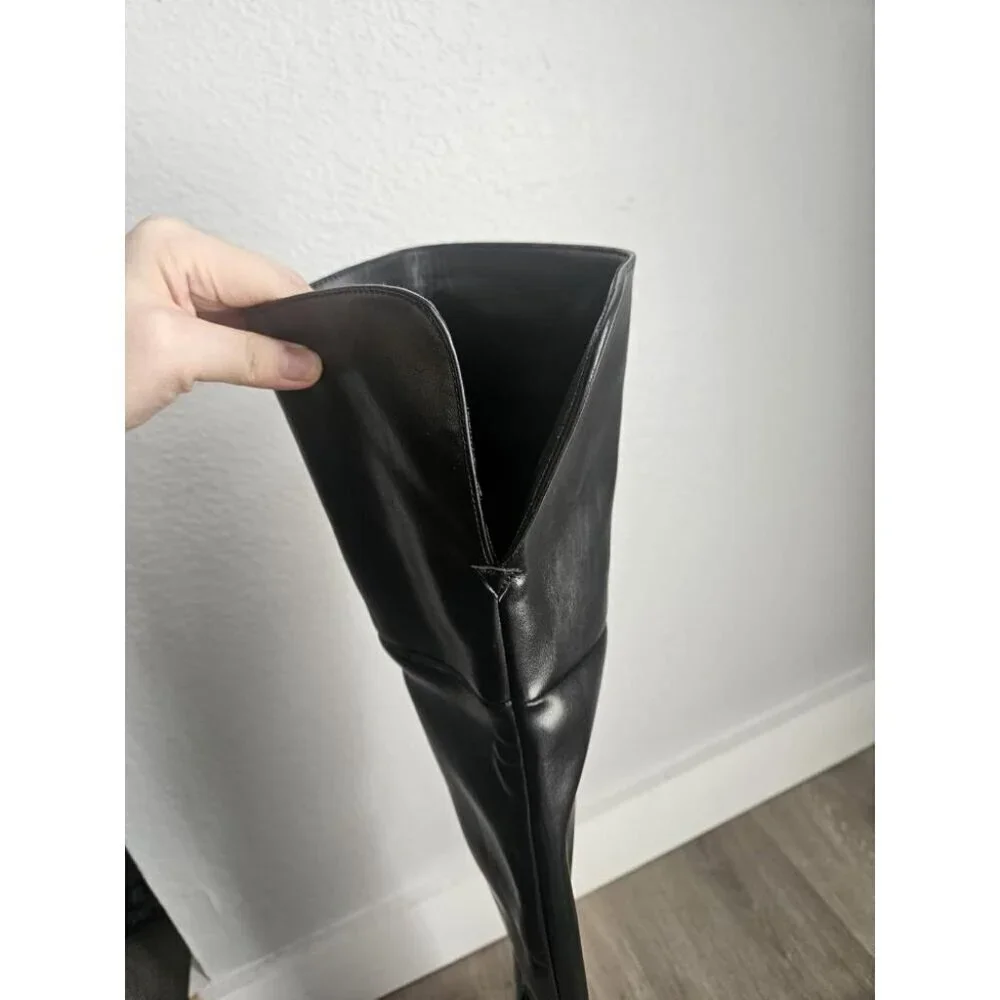 🆕Womens Black Faux Leather Ponited Toe Zipper up Thigh High Stiletto Heel Boot